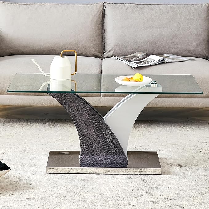 Glass Coffee Table for Living Room, 39" Modern Rectangle Coffee Tables with Tempered Glass Top and Sturdy Y-Shaped Wooden Base, Clear Center Table for Living Room, Apartment, Office