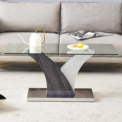 Glass Coffee Table for Living Room, 39" Modern Rectangle Coffee Tables with Tempered Glass Top and Sturdy Y-Shaped Wooden Base, Clear Center Table for Living Room, Apartment, Office