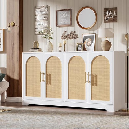 GarveeHome Sideboard Buffet Cabinet - Credenza Storage with 2 Rattan Doors and Shelves, Modern Console Table Accent Coffee Bar Cabinet for Living Room, Kitchen, Hallway, Dining Room, Entryway, White