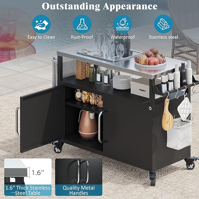Modern Dining Table Outdoor Kitchen Island with Sink 55.5in, Metal Grill Cart Table with Stainless Steel Sink, Outdoor Bar Cart Sink Station with 4 Lockable Wheels for Pizza Prep,