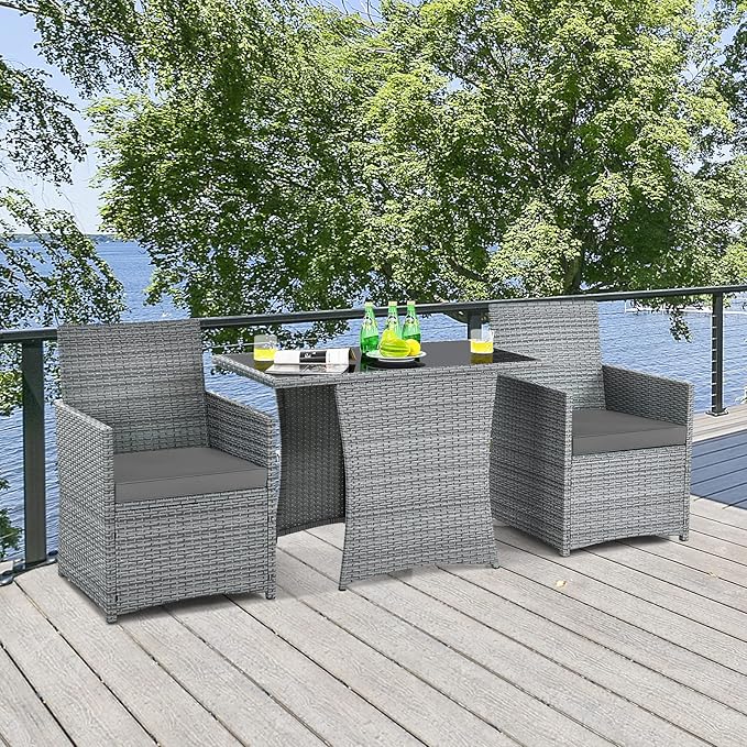Tangkula 3 Pieces Patio Dining Set, Patiojoy Space-saving PE Rattan Bistro Set with Tempered Glass Top Table and Cushioned Chairs, Outdoor Conversation Set for Garden, Backyard, Poolside, Porch (Gray)