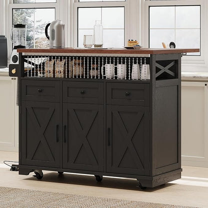 Bellemave 46.5" Farmhouse Kitchen Island cart with Charging Station and with Drape of Beads, Rolling Kitchen Island Table with Drop-Leaf, 3 Drawers, Black
