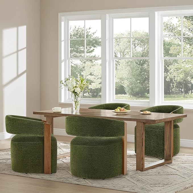 KISLOT Upholstered Dining Chairs with Casters, Modern Barrel Side Armchair with Rollers & Wooden Armrest for Dining Room, Bedroom, Kitchen, Reading Room, Green, Set of 1