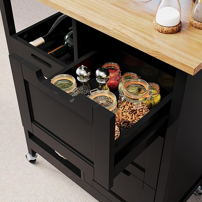 DWVO Solid Wood Top Rolling Kitchen Island Cart, 3 Tier Mobile Kitchen Storage Island Cart with 3 Drawers and 3 Opening Storage Shelves for Kitchen & Dining Area, Black
