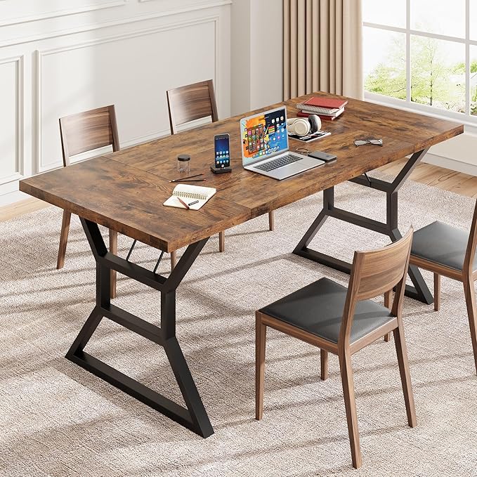 GarveeHome 70.9 in Large Dining Room Table for 6, Rectangular Kitchen Table with Heavy Duty Metal Legs, Farmhouse Wooden Dining Table for Big Family (Brown)
