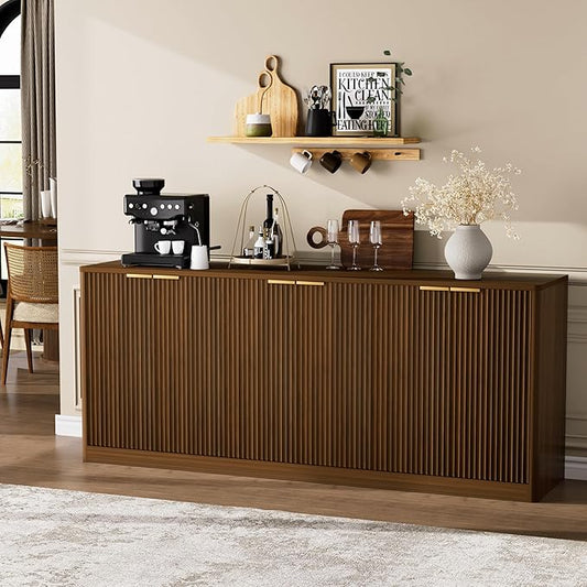 Ball & Cast 67" Modern Fluted Sideboard Buffet Cabinet with Storage,Curved Design Kitchen Coffee Bar Cabinet with 6 Doors & Shelves,Wood Credenza Cabinets Media Console for Living Room,Walnut