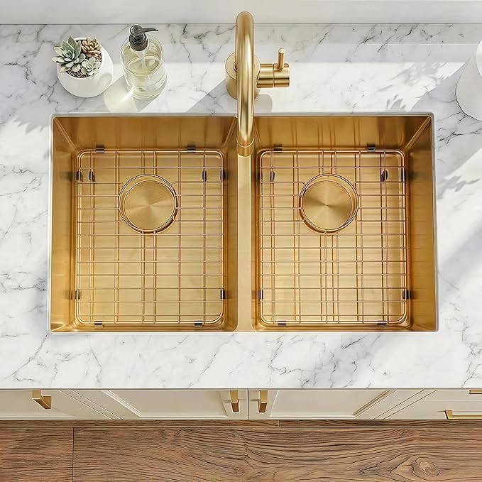 LQS Gold Kitchen Sink, 32 Inch Kitchen Sink Gold Double Bowl, Undermount Kitchen Sink 16 Gauge Stainless Steel with Golden Accessories, Modern Style