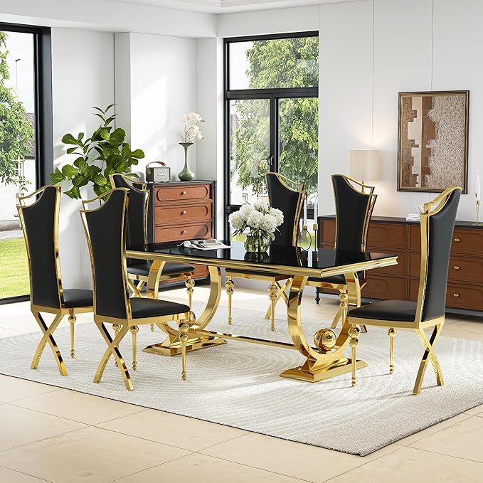 7-Piece Modern Dining Table Set, 70" Back Tempered Glass Kitchen Table with Gold Polished Stainless Steel U-Shaped Pedestal Base and 6 Black High Back Chairs with X-Shaped Legs, for Dining Room