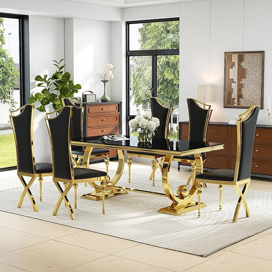 7-Piece Modern Dining Table Set, 70" Back Tempered Glass Kitchen Table with Gold Polished Stainless Steel U-Shaped Pedestal Base and 6 Black High Back Chairs with X-Shaped Legs, for Dining Room