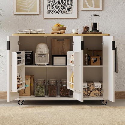 GOWE K&K 51" Fluted Kitchen Island with Drop Leaf, Farmhouse Accent Kitchen Island on Wheels with Internal Storage Rack, Rolling Kitchen Cart with Towel Rack for Kitchen, Dining Room, White Ash
