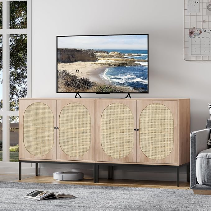Brafab Set of 2 Rattan Cabinet with Storage, Accent Sideboard Credenza Console Buffet Table, for Living Room, Entryway, Dining Room/Oval Doors/Natural