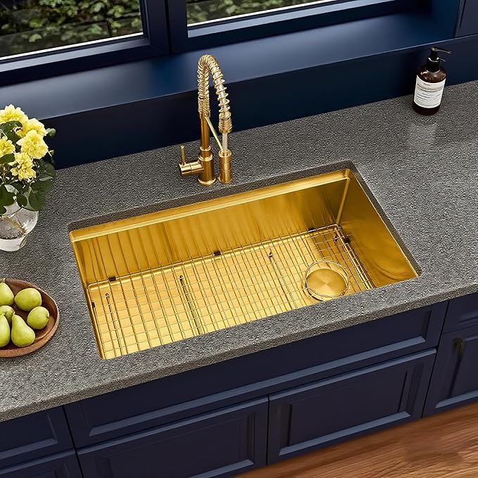 Kitsitchen 30 Inch Gold Undermount Kitchen Sink,16 Gauge Stainless Steel Under Counter Single Bowl Kitchen Sink,10 Inch Deep Workstation Sinks with Abundant Accessories & Offset Drain(30"x18"x10")