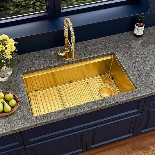 Kitsitchen 30 Inch Gold Undermount Kitchen Sink,16 Gauge Stainless Steel Under Counter Single Bowl Kitchen Sink,10 Inch Deep Workstation Sinks with Abundant Accessories & Offset Drain(30"x18"x10")