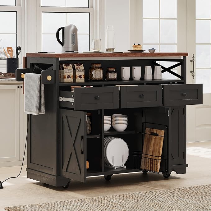 RUNNA 46.5'' Farmhouse Kitchen Island with Drape of Beads,Power Outlet, Rolling Kitchen Cart on Wheels with Drop Leaf, 3 Doors,3 Drawers and Internal Iron Shelf, for Kitchen,Dining Room (Black@72)