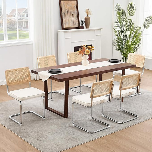 Zesthouse Rattan Dining Chairs Set of 6, Mid Century Modern Dining Room Chairs with Natural Cane Mesh & Chrome Base, White Cesca Chair Linen Fabric, Farmhouse Kitchen Chair with Solid Wood Frame Back