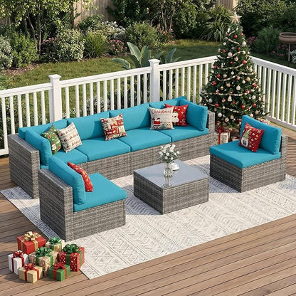 Wisteria Lane 7 Pieces Outdoor Patio Furniture Set, Wicker Outdoor Patio Sectional Sofas with Coffee Table, All-Weather Patio Conversation Set for Garden Backyard, Light Blue