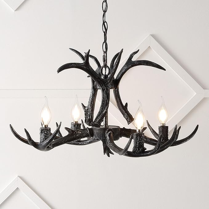 JONATHAN Y 26" Black Rustic Resin Antler 4-Light LED Chandelier, Farmhouse Faux Deer Horn Hanging Ceiling Light for Dining Room, Kitchen Island, Adjustable Light Fixture (JYL6301D)