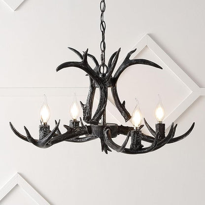 JONATHAN Y 26" Black Rustic Resin Antler 4-Light LED Chandelier, Farmhouse Faux Deer Horn Hanging Ceiling Light for Dining Room, Kitchen Island, Adjustable Light Fixture (JYL6301D)