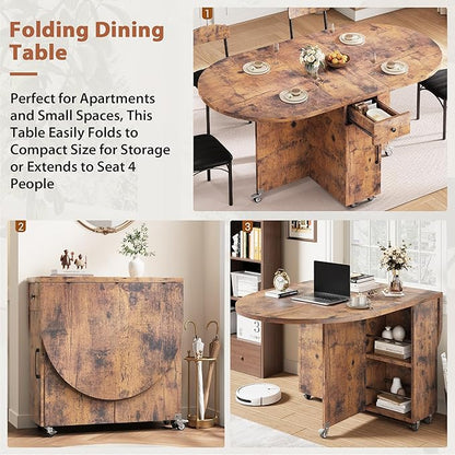 Jocoevol Round Folding Dining Table for 6, Space Saving Drop Leaf Kitchen Table with Storage Drawer, 6 Wheels Oval Gateleg Foldable Dining Table for Small Spaces (Vintage, 51" x 31.5" x 30")