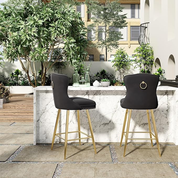 Luxurious Velvet Counter Height Bar Stools Set of 2 with Metal Legs, Button Tufted, Nailheads Trim, Wing-Back Bar Chairs for Kitchen Island Dining Room Pub(Black)