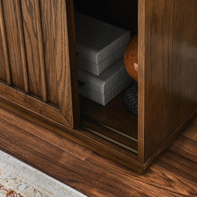 Amposei Mid Century Modern Sideboard Cabinet | Slim Fluted Credenza with Sliding Doors | Narrow Storage Buffet Console Table for Small Spaces, Living Room, Entryway, Kitchen (Walnut, 32")