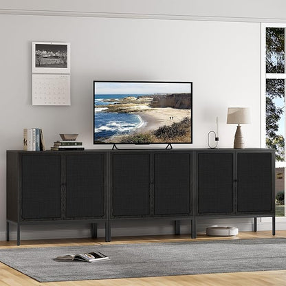 Brafab Set of 2 Black Sideboard Buffet Cabinet with Natural Rattan Decorated Doors, 31.5" W Rattan Cabinet, Console Storage Cabinet, Boho Credenza for Living Room, Entryway, Dining Room/Square Doors