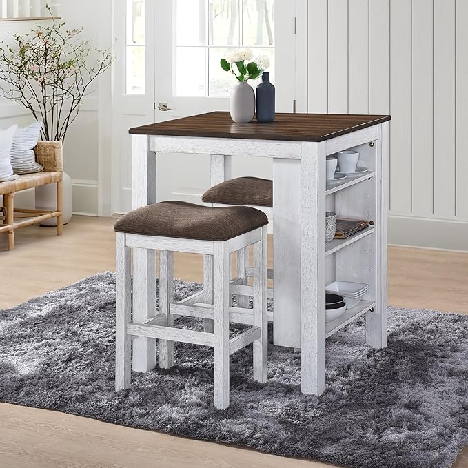 3-Piece Wooden Dining Table Set, Kitchen Island with Seating for 2, Kitchen Bar Table with Stools, Counter Height Dining Table Set, Antique Dark Oak & White, Farmhouse Style