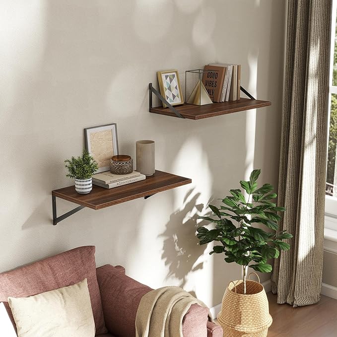 Acovy Deep Floating Shelves Wall Mounted, 24"x12" Walnut Wall Shelves with Brackets Set of 2 for Bedroom, Living Room, Bathroom, Kitchen, Office - Storage & Display Shelf for Decor, Books, Plants