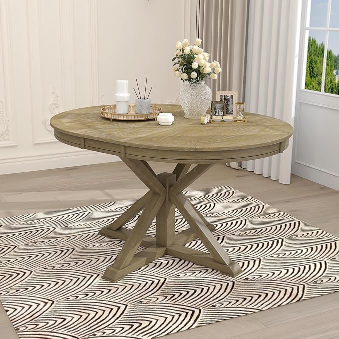 Ball & Cast Farmhouse Extendable Dining Table for 4-6, 42"-54" Extendable Kitchen-Table with a 12" Leaf, Round Ellipse Retro Wood Dining Room-Table w/Removable Leaves,Space Saving, Natural
