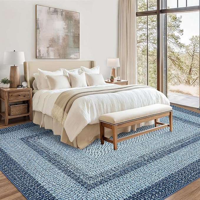 Washable Area Rug 6x9 Rug for Living Room Modern Area Rug for Bedroom Decor Blue Rug Geometric Area Rugs Bordered Non Slip Throw Rugs Stain Resistant Carpet for Nursery Dining Room 6'x9' Blue