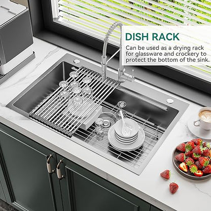 YITAHOME Drop In Kitchen Sink Workstation 33in, 304 Stainless Steel Single Bowl Top Mount Sink w/Ledge & Accessories, Honeycomb Surface Design, 33 x 22 x 10 in, Silver