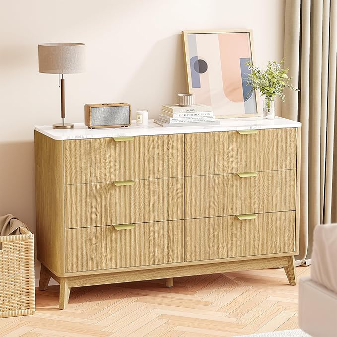 Pamapic 47" Sideboard Buffet Cabinet with Storage, Fluted Storage Cabinet with 6 Drawers, Modern Credenza with Faux Marble Top, Wood Buffet Console Table for Living Room, Hallway, Natural