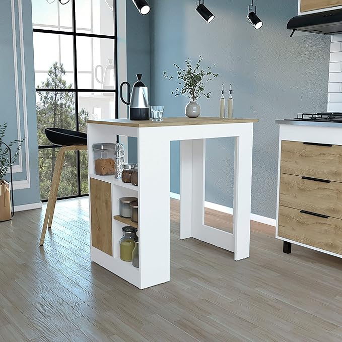 GOWE Kitchen Island 36" H, Three Open Side Storage Shelves and One Push-to-Open Cabinet, White/Macadamia