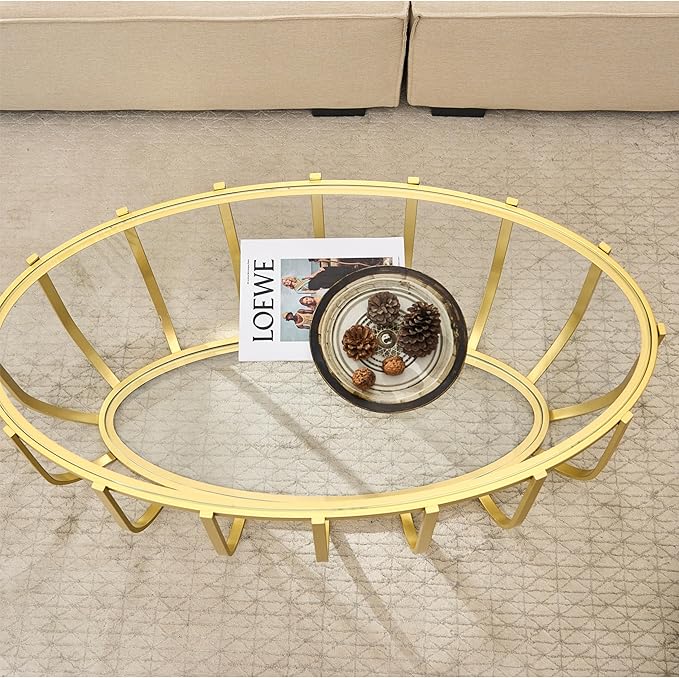 Saint Mossi Glass Oavl Coffee Table for Living Room, Mid Century Modern 2-Tier Gold Drum Center Table, Clear Glass Top with Gold Finish Legs & Frame, D42xW23xH16