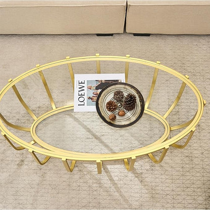 Saint Mossi Glass Oavl Coffee Table for Living Room, Mid Century Modern 2-Tier Gold Drum Center Table, Clear Glass Top with Gold Finish Legs & Frame, D42xW23xH16