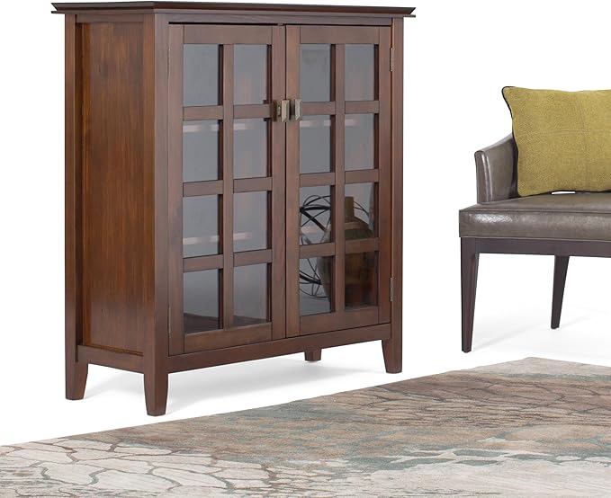 SIMPLIHOME Artisan Storage Cabinet - 38 inch Wide Solid Wood Medium Cabinet in Russet Brown, Transitional Accent Cabinet for Living Room or Dining Room with Glass Doors and Adjustable Shelves