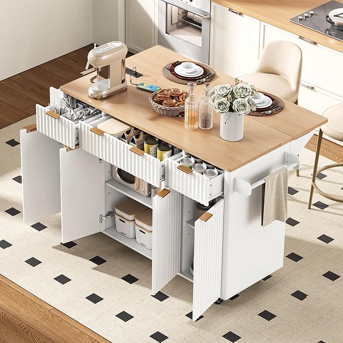 55.5" Fluted Kitchen Island with Power Outlet and Drop Leaf, Narrow Kitchen Island with Storage Srawers and 4 Doors, Rolling Island Table with Wood-grain Top, Curved Edge for Dining Room White