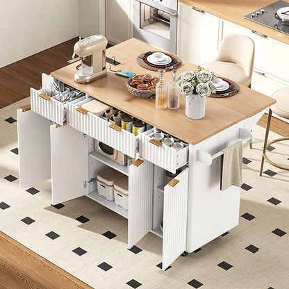 55.5" Fluted Kitchen Island with Power Outlet and Drop Leaf, Narrow Kitchen Island with Storage Srawers and 4 Doors, Rolling Island Table with Wood-grain Top, Curved Edge for Dining Room White