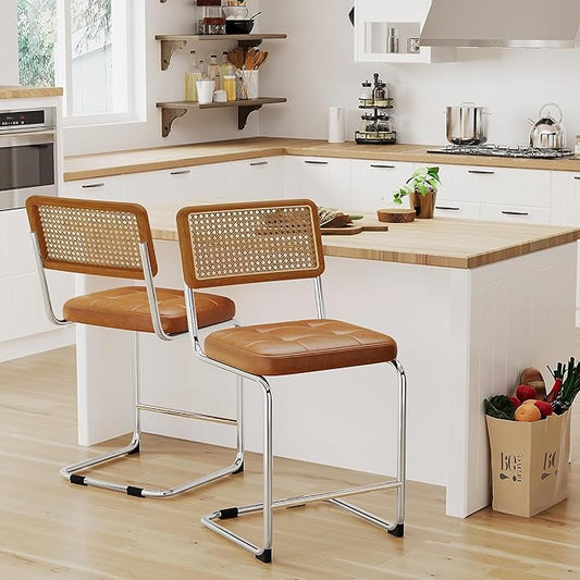 Alunaune 24inch Mid Century Brown Bar Stools Set of 2, Natural Rattan Counter Height Bar Stools Kitchen Chairs Modern Side Dining Chairs-PU Seat