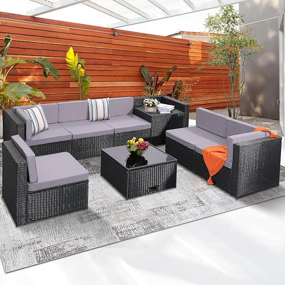 KROFEM 8-Piece Patio Furniture Set, Outdoor Wicker Rattan Sectional with Thick Cushions, Glass Top Table with Hidden Storage, Outdoor Conversation Set for Backyard, Porch, Patio, Light Grey