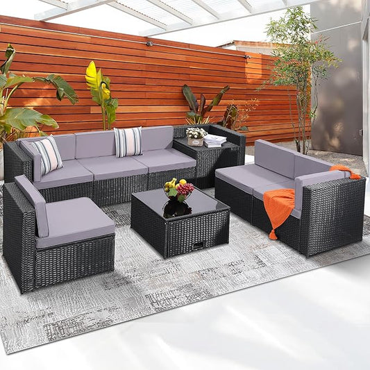 KROFEM 8-Piece Patio Furniture Set, Outdoor Wicker Rattan Sectional with Thick Cushions, Glass Top Table with Hidden Storage, Outdoor Conversation Set for Backyard, Porch, Patio, Light Grey