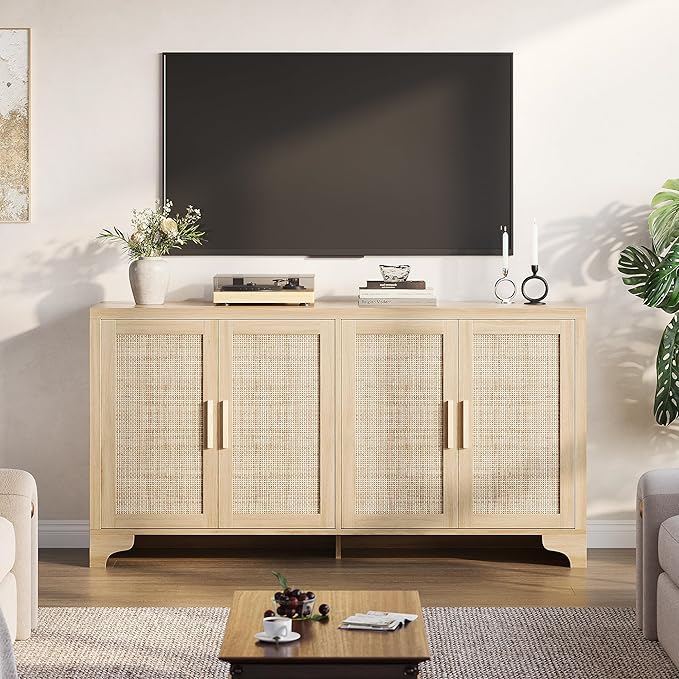 GarveeHome 4-Door Sideboard Buffet Cabinet, Natural Rattan Storage Cabinet, Boho Entryway Console Table, Coffee Bar Station for Dinning Room, Living Room, Kitchen