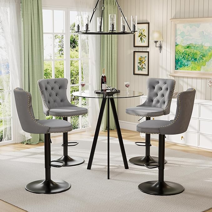 Glass Bar Height Table and Chairs Set for 4, Round Bistro Pub Table with Stools Set, Adjustable Retro Barstools Velvet Island Chairs for Small Space (Black Metal Legs, Clear Top + Grey Chair)