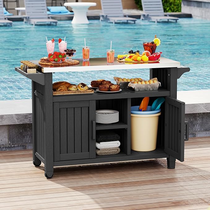 Bifanuo Resin Outdoor Kitchen Island with Stainless Steel Top & Storage Cabinet for Kitchen Prep, Weatherproof Outdoor Grill Table/Cart for BBQ Food Prep, Black