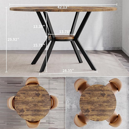 Round Dining Table for 4, 42 Inch Wood Kitchen & Dining Room Tables with Storage, Circle Breakfast Table with Metal Legs, Space Saving Dinner Table for Dining Room, Kitchen, Living Room, Rustic Brown