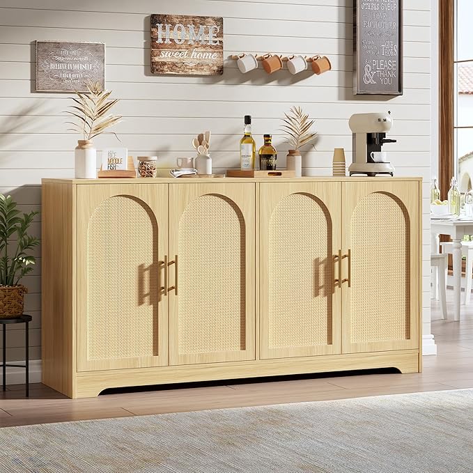 GarveeHome 59” Sideboard Buffet Cabinet - Large Credenza Storage with 4 Rattan Doors, Modern Console Table Accent Coffee Bar Cabinet for Living Room, Kitchen, Hallway, Dining Room, Entryway, Natural