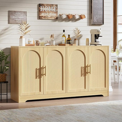 GarveeHome 59” Sideboard Buffet Cabinet - Large Credenza Storage with 4 Rattan Doors, Modern Console Table Accent Coffee Bar Cabinet for Living Room, Kitchen, Hallway, Dining Room, Entryway, Natural