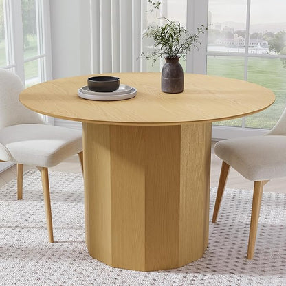 Casaphoria 46" Round Dining Table, Modern Wood Kitchen Table with Cylinder Polygonal Base for Living Room & Dining Room, Easy Assembly Farmhouse Furniture for 4-6, Oak