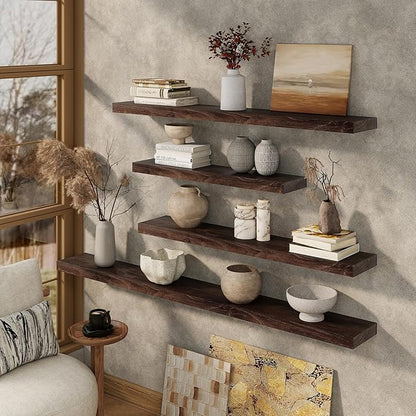 Marsmiles 36 inch Floating Shelves for Wall Solid Elm Wood Shelves|Rustic Wall Shelves with Invisible Heavy-Duty Bracket for Bathroom Living Room Kitchen|Walnut, 2 Pack