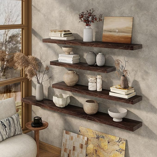 Marsmiles 36 inch Floating Shelves for Wall Solid Elm Wood Shelves|Rustic Wall Shelves with Invisible Heavy-Duty Bracket for Bathroom Living Room Kitchen|Walnut, 2 Pack